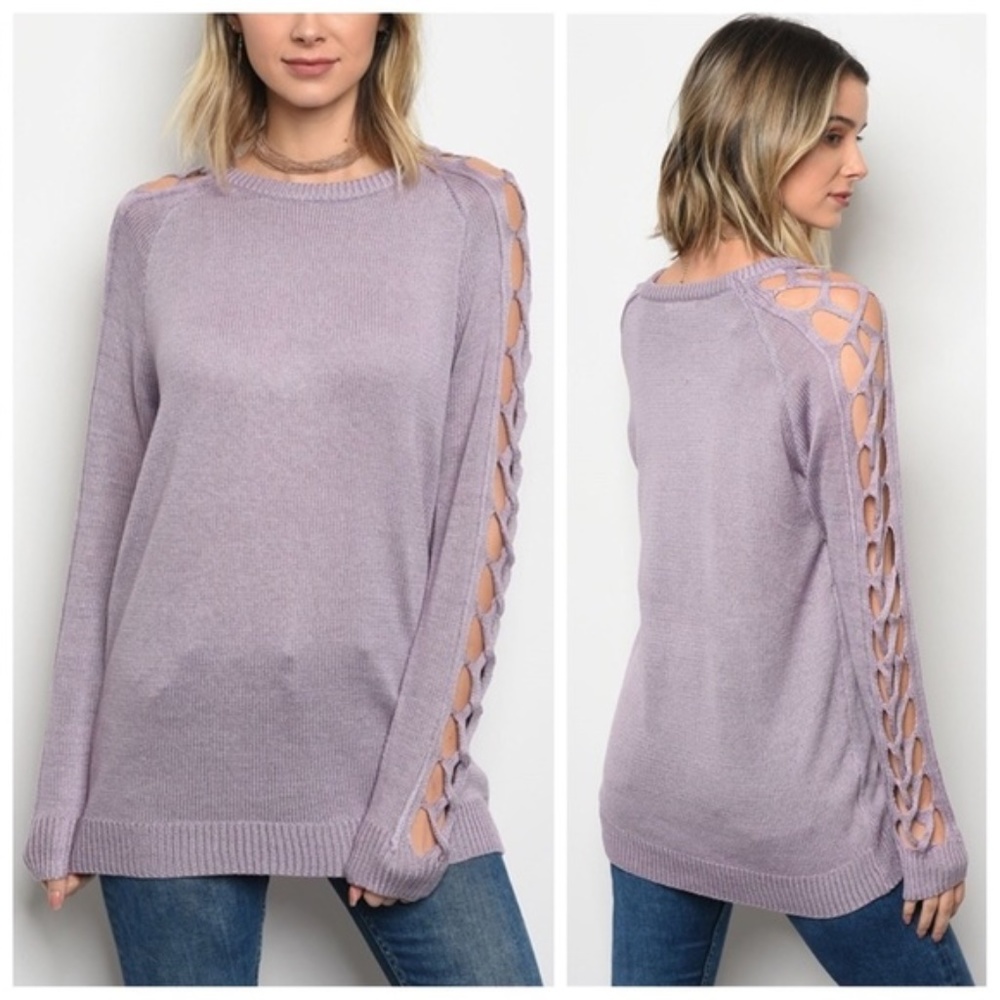 Lavender purple lightweight open weave long sleeve sweater tunic top Large L